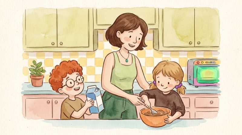 Watercolor of a mother and two children baking together in a warm kitchen