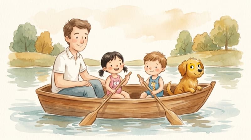 Watercolor of a family rowing a small wooden boat across a calm lake with their dog