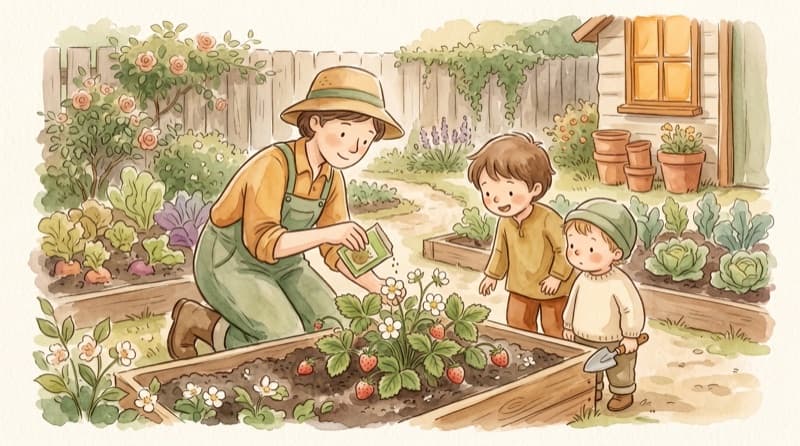 Watercolor of a parent and two children planting strawberries together in a sunlit garden