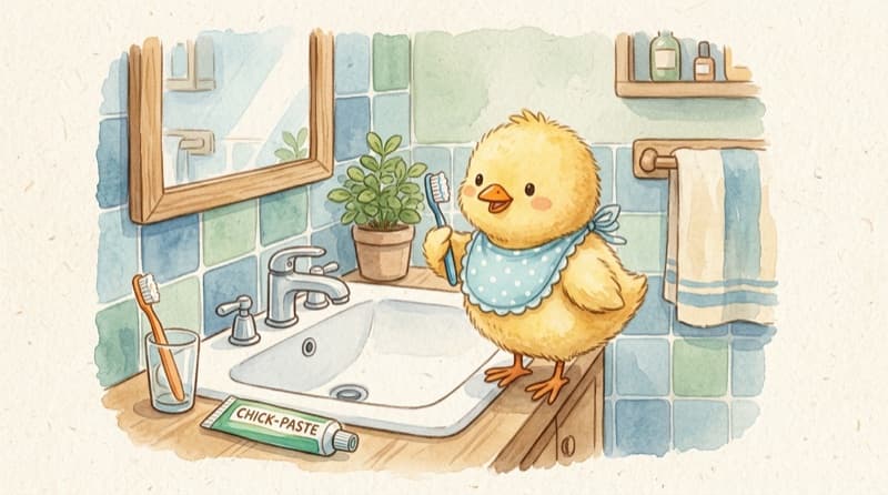 Watercolor of a cheerful duckling brushing its teeth at a bathroom sink