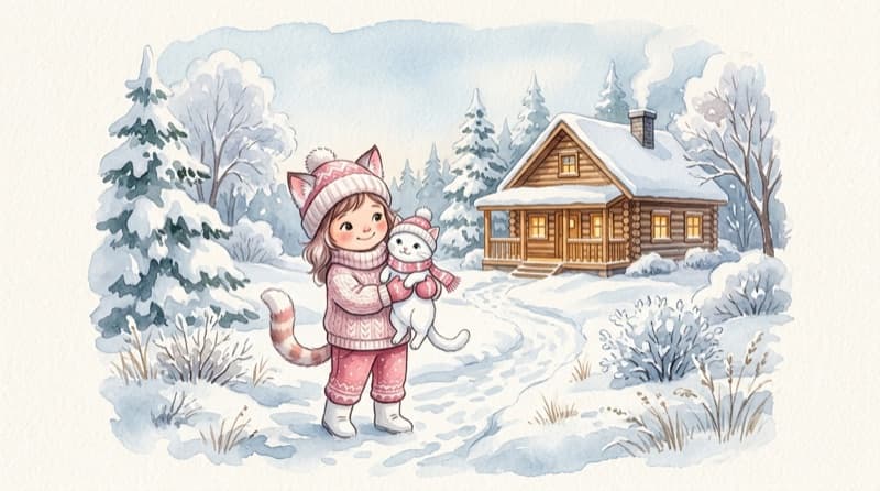Watercolor of a child holding a snow cat outside a cozy log cabin in winter