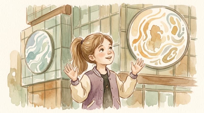 Watercolor of a child gazing up at glowing planets in a science exhibit