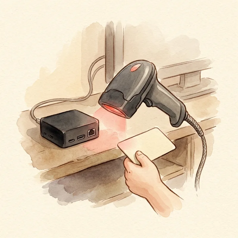 A child’s hand scanning a Charm card on the scanner, the Box beside it